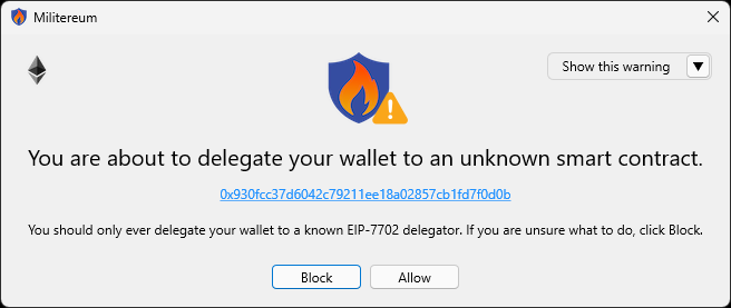 Militereum alert: you are about to delegate your wallet to an unknown smart contract
