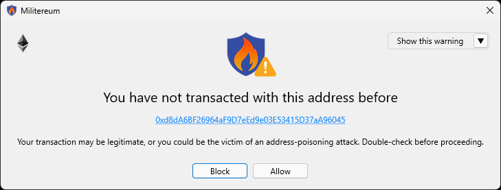 Militereum alert: you have not transacted with this address before