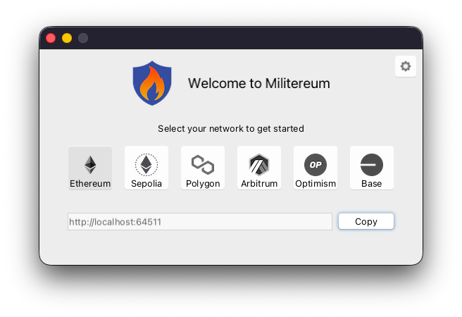Militereum main window showing the local RPC URL ready to copy into your wallet.