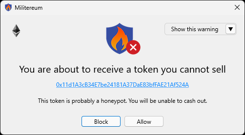 Militereum alert: you are about to receive a token you cannot sell